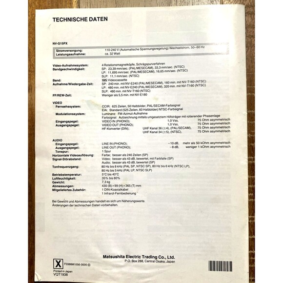 Panasonic NV-G15PX VHS Video Cassette Instructions Manual  in English & German - Picture 6 of 7